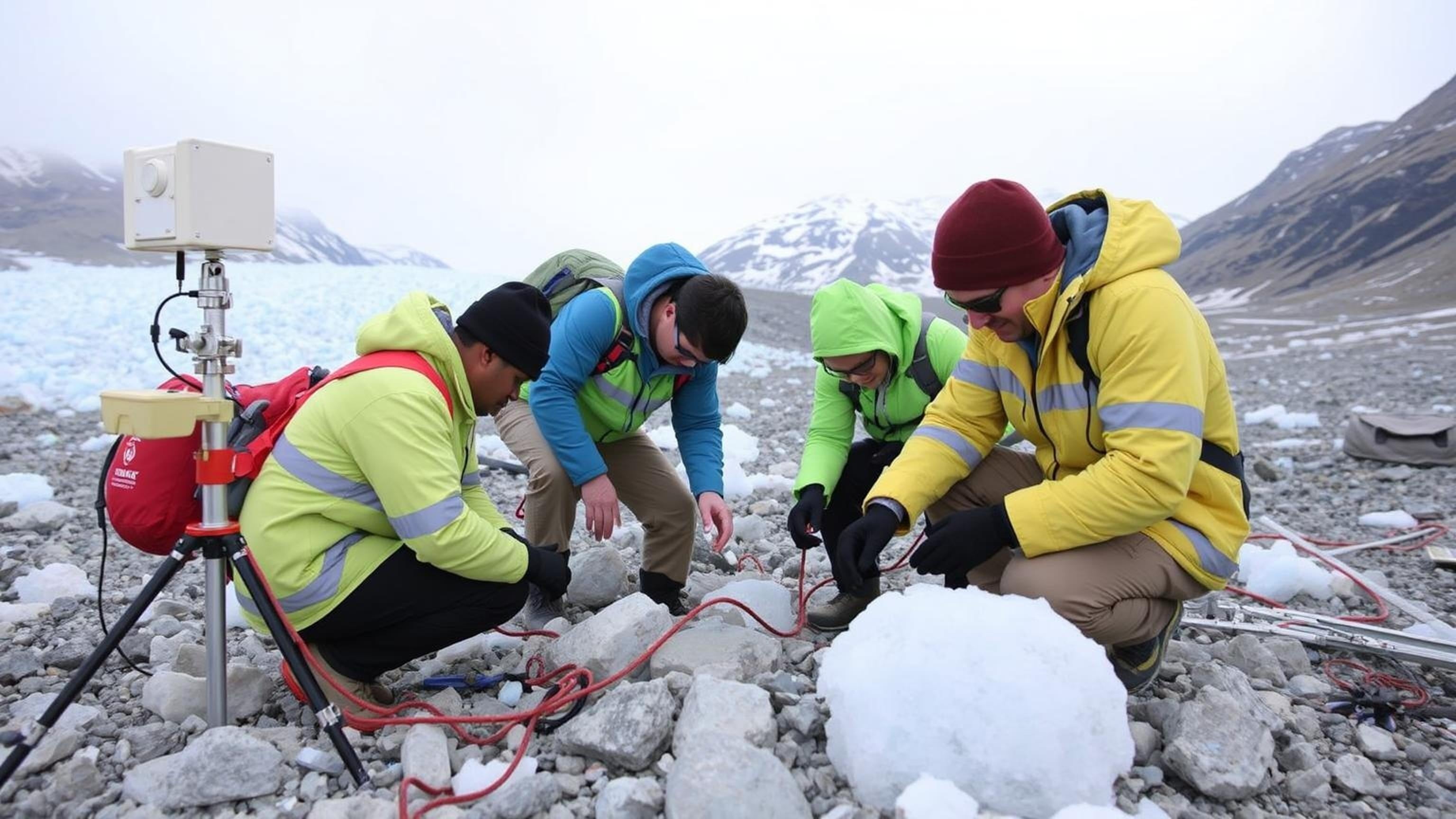scientists in a snowy environment studying melting glaciers